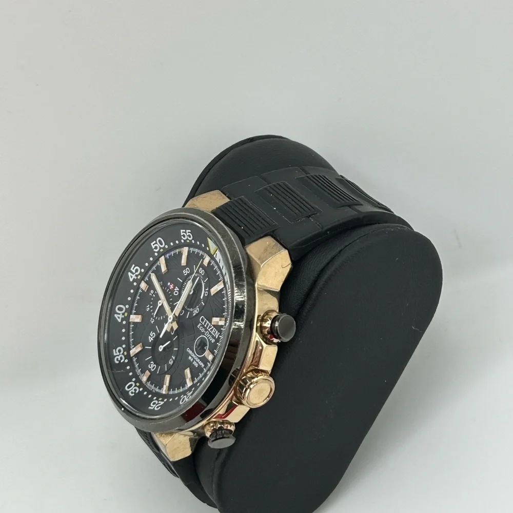 Citizen Mens B612-s084334 Eco-drive Chronograph Watch Black Dial Gold Case 1002